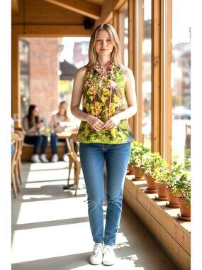 Vintage sheer colorful flower with green, yellow and pinks sleeveless top